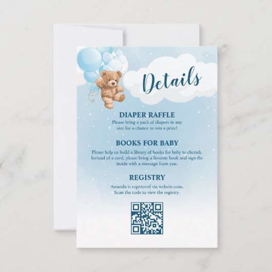 Blauwe Teddys Baby Shower Details Kaart (Voorkant)