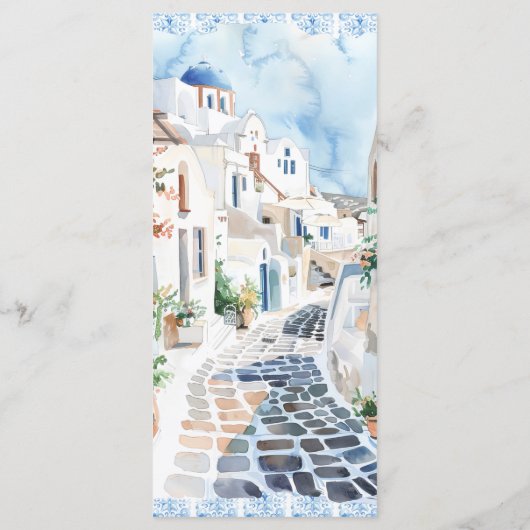 Blauwe Tegel Bloemen | Griekenland Trouwprogramma Programmakaart (Achterkant)