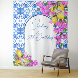Blauwe Tegel Bougainvillea elegante foto achtergro Wandkleed