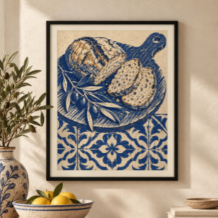 Blauwe tegel broodplank kunstprint poster
