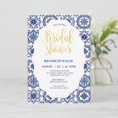 Blauwe Tegel Bruidsbruiloft Uitnodiging Elegante G (Staand voorkant)