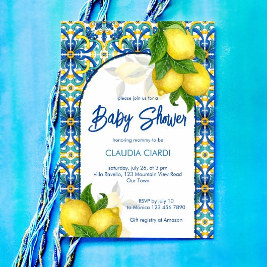 Blauwe tegel citroen Amalfi Positano baby shower Kaart