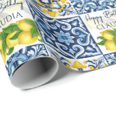 Blauwe tegel citroen Amalfi Positano - verjaardag Cadeaupapier (Rol Hoek)