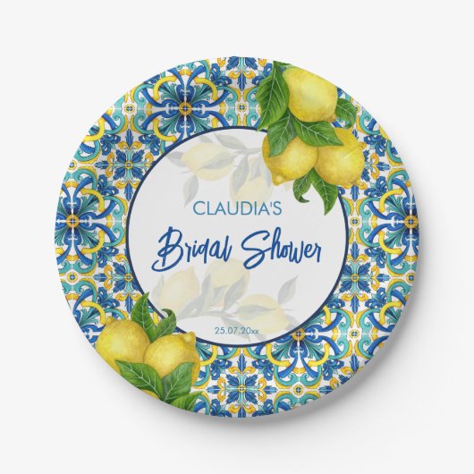 Blauwe tegel citroen Amalfi Positano vrijgezellenf Papieren Bordje (Voorkant)