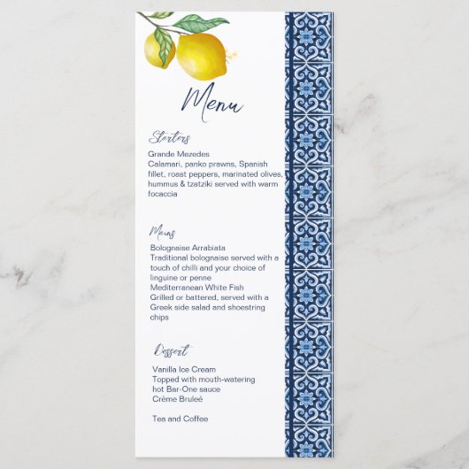 Blauwe tegel citroen Amalfi vrijgezellenfeest sjab Menu (Voorkant)