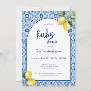Blauwe tegel citroen baby shower uitnodiging
