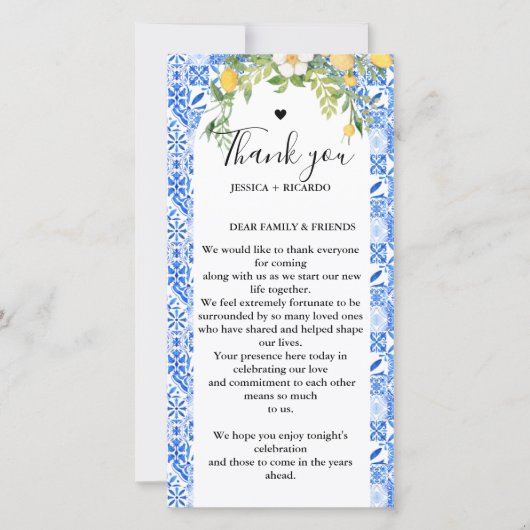 Blauwe tegel & Citroen bruiloft Menu en Dank u Kaa (Voorkant)