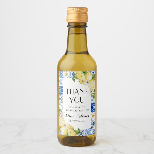 Blauwe tegel citroen bruiloftsfeest wijnfleslabels wijn etiket (Voorkant)