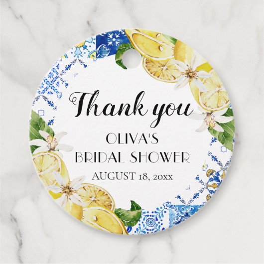Blauwe tegel citroen Italiaanse bruidsdouche favor Bedankjes Labels (Voorkant)
