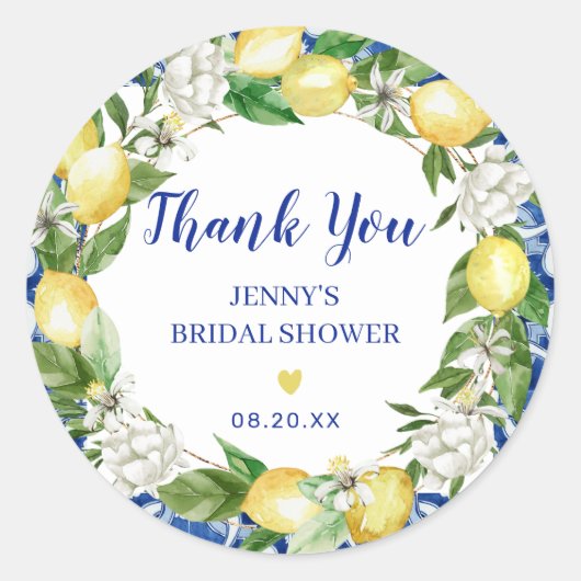 Blauwe tegel citroen Italiaanse bruidsdouche stick Ronde Sticker (Voorkant)