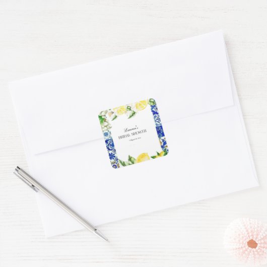 Blauwe tegel citroen Italiaanse bruidsdouche  Vierkante Sticker (Envelop)
