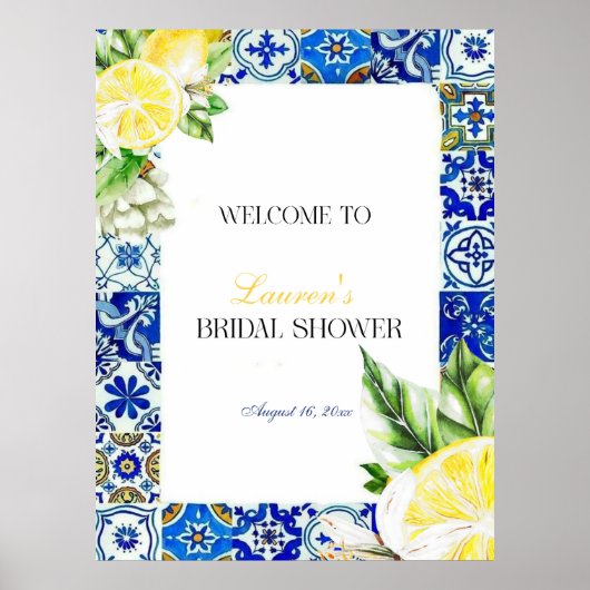 Blauwe tegel citroen Italiaanse bruidsdouche welko Poster (Voorkant)