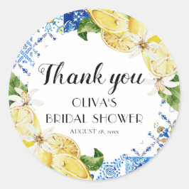 Blauwe tegel citroen Italiaanse bruidsfeest sticke Ronde Sticker