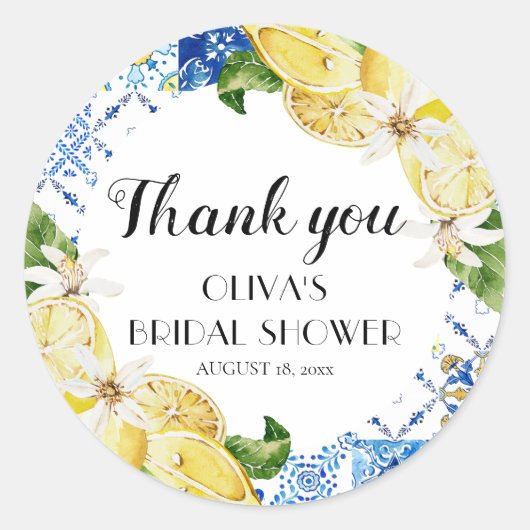 Blauwe tegel citroen Italiaanse bruidsfeest sticke Ronde Sticker (Voorkant)