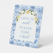 Blauwe tegel citroen Mediterraans bruiloft traktat Reclamebord Met Voetstuk (Voorkant)