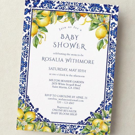 Blauwe Tegel Citroen Mediterrane Baby Shower Kaart