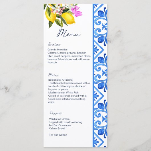 Blauwe tegel citroen Middellandse Zee, sjabloon Menu (Voorkant)