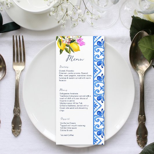 Blauwe tegel citroen Middellandse Zee, sjabloon Menu