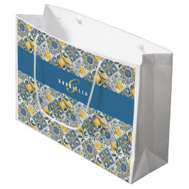 Blauwe tegel citroen waterverf monogram naam groot cadeauzakje