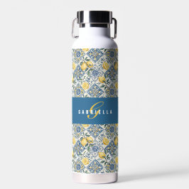 Blauwe tegel citroen waterverf monogram naam waterfles