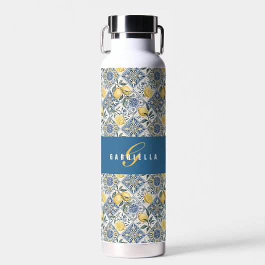 Blauwe tegel citroen waterverf monogram naam waterfles (Voorkant)