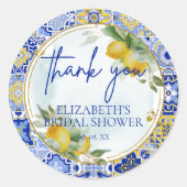 Blauwe tegel citroenen script bedankt bruidsdouche ronde sticker (Voorkant)