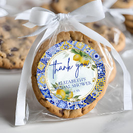 Blauwe tegel citroenen script dank je bruidsdouche ronde sticker