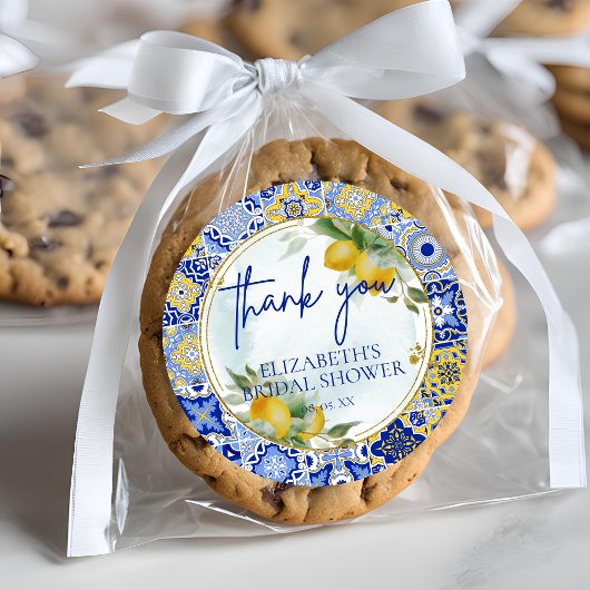 Blauwe tegel citroenen script dank je bruidsdouche ronde sticker