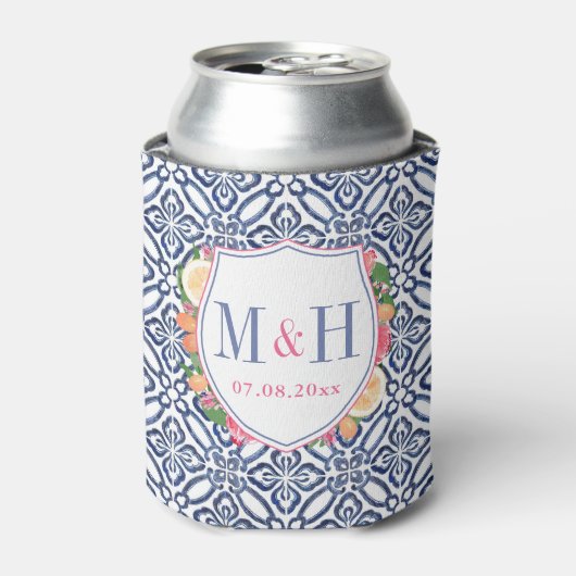 Blauwe tegel citrus heldere bloemen bruiloft blikjeskoeler (Blikje Voorkant)