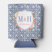 Blauwe tegel citrus heldere bloemen bruiloft blikjeskoeler (Voorkant)