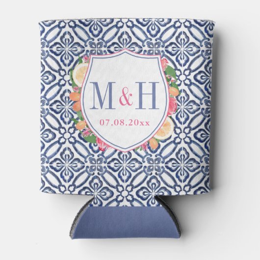 Blauwe tegel citrus heldere bloemen bruiloft blikjeskoeler (Voorkant)