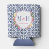 Blauwe tegel citrus heldere bloemen bruiloft blikjeskoeler (Achterkant)