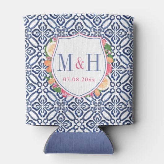 Blauwe tegel citrus heldere bloemen bruiloft blikjeskoeler (Achterkant)