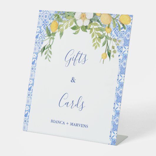 Blauwe tegel en Citroen huwelijkscadeaus & Kaarten Reclamebord Met Voetstuk (Voorkant)