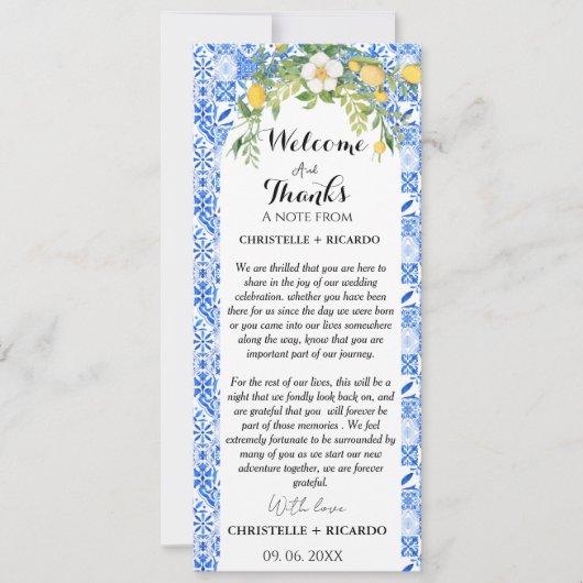 Blauwe tegel en Lemon Welkom & Dank u Tafel Kaart (Voorkant)
