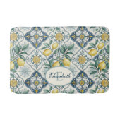 Blauwe tegel Franse citroenpatroon monogram naam Badmat (Voorkant)
