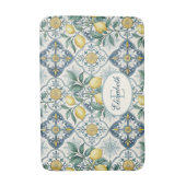 Blauwe tegel Franse citroenpatroon monogram naam Badmat (Voorkant Verticaal)