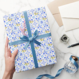Blauwe tegel Franse landelijke citroenpatroon Cadeaupapier