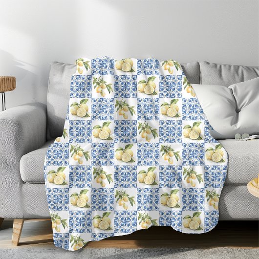 Blauwe tegel Franse landelijke citroenpatroon Fleece Deken
