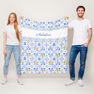 Blauwe tegel Franse landelijke citroenpatroon mono Fleece Deken