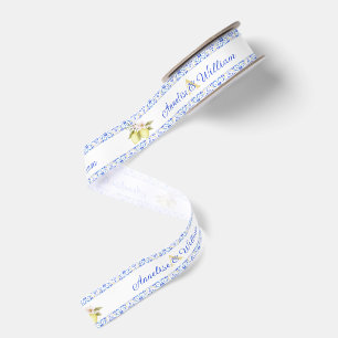 Blauwe tegel Franse landelijke citroenpatroon mono Grosgrain Lint
