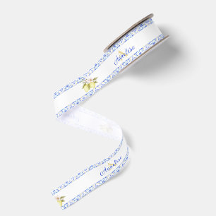 Blauwe tegel Franse landelijke citroenpatroon mono Grosgrain Lint