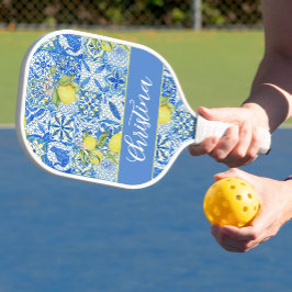 Blauwe tegel Franse landelijke citroenpatroon mono Pickleball Paddle