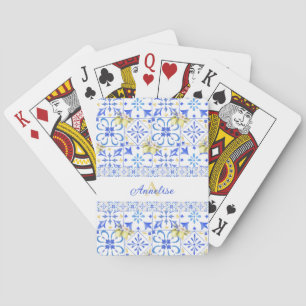 Blauwe tegel Franse landelijke citroenpatroon mono Pokerkaarten