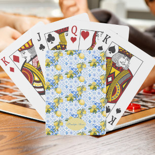 Blauwe tegel Franse landelijke citroenpatroon mono Pokerkaarten
