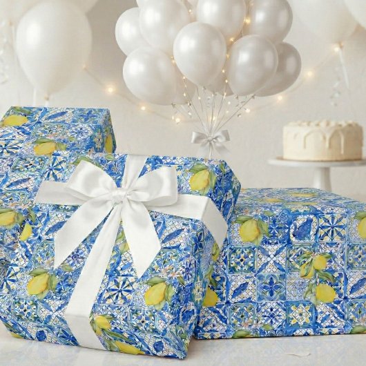 Blauwe tegel Franse landelijke citroenpatroon Prov Cadeaupapier