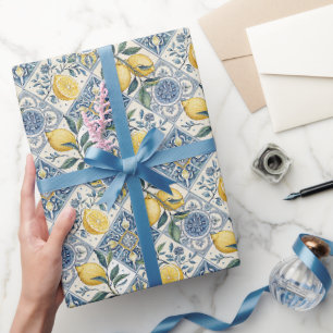 Blauwe tegel Franse landelijke waterverf citroen Cadeaupapier