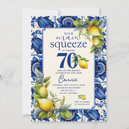  Blauwe Tegel Geel Citroen 70ste Verjaardag Kaart (Voorkant)