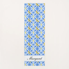 Blauwe tegel Gele Citroen Aquarel Monogram Naam Yogamat
