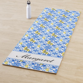 Blauwe tegel Gele Citroen Aquarel Monogram Naam Yogamat